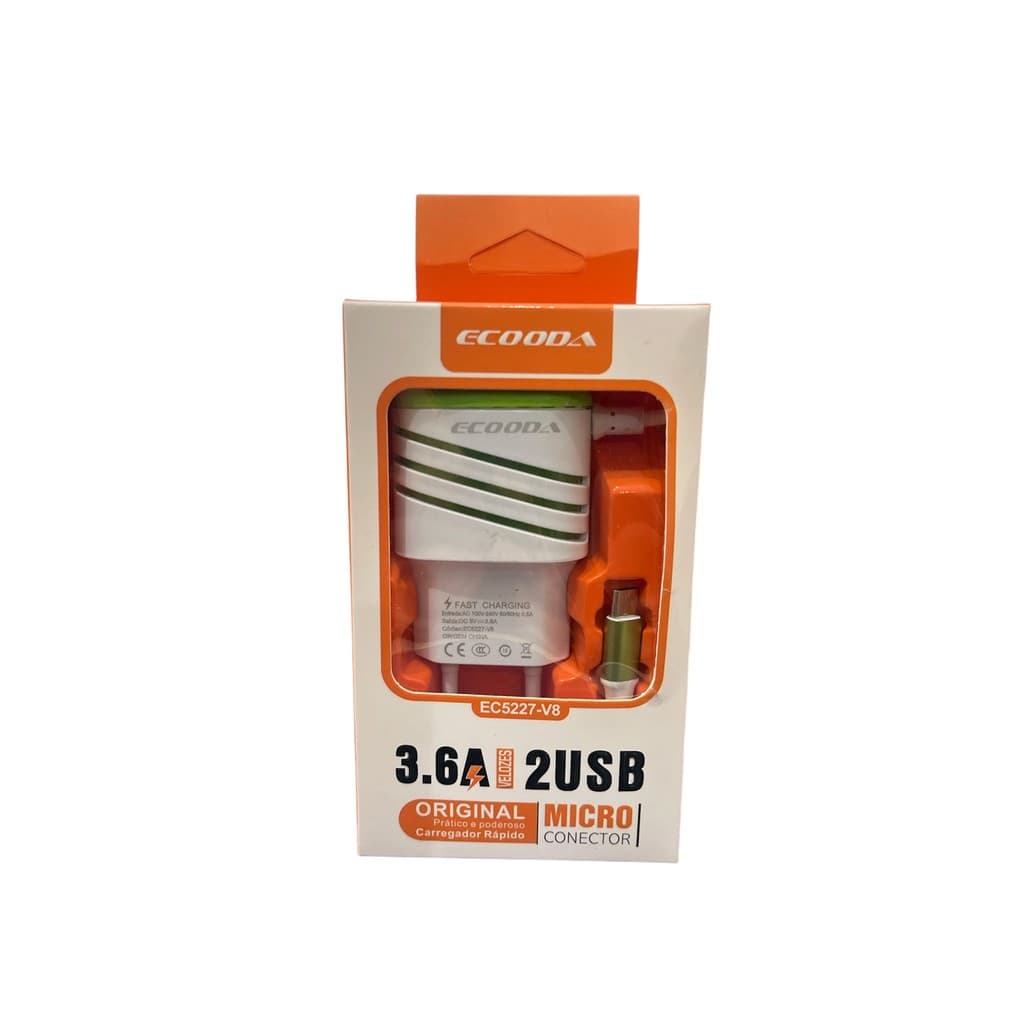 Carregador Rápido Ecooda EC5227-V8 3.6A 2 USB com Cabo Micro USB V8 Bivolt