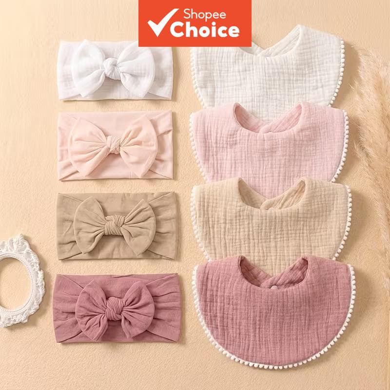 Faixa de cabelo elástica com laço grande e macio para recém-nascido, conjunto de 8 peças com babador combinando,