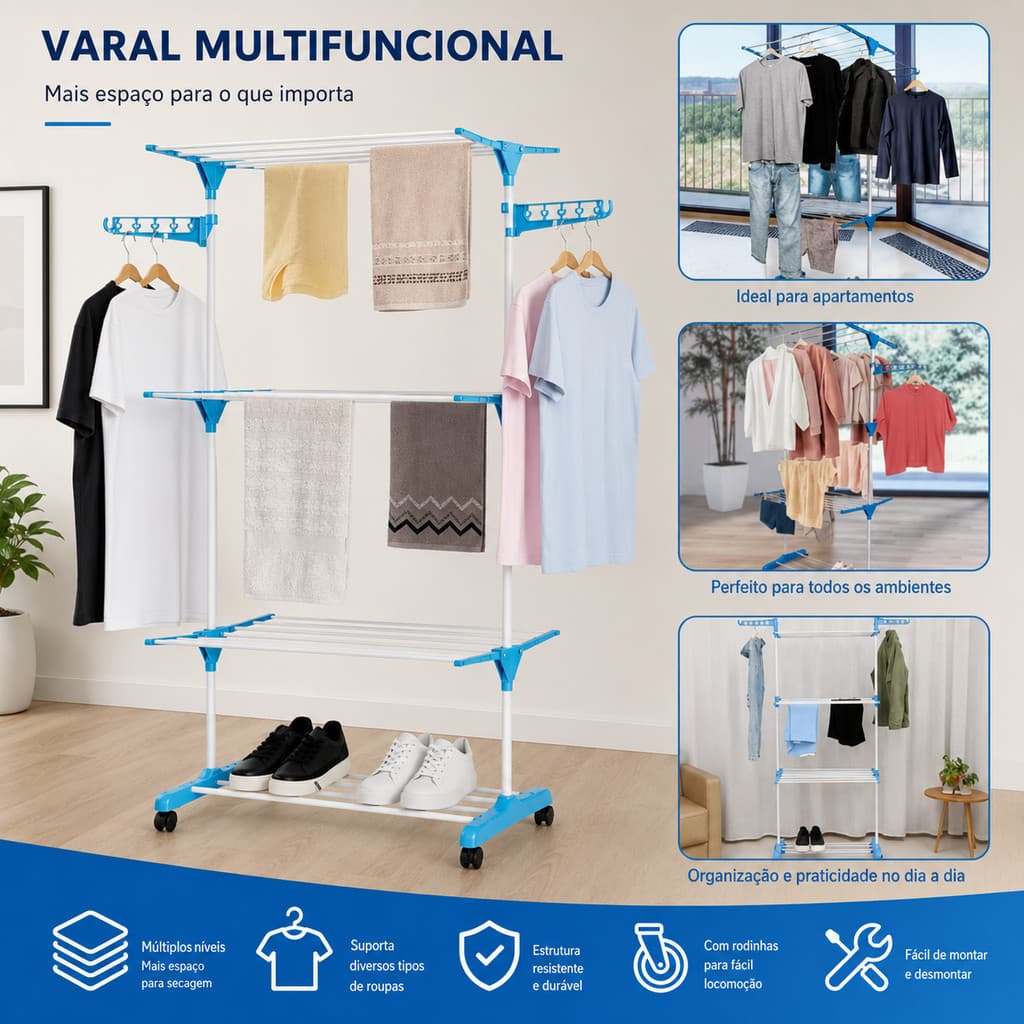 Varal De Chão 3 Andares Dobravel Vertical Aço Inox Grande