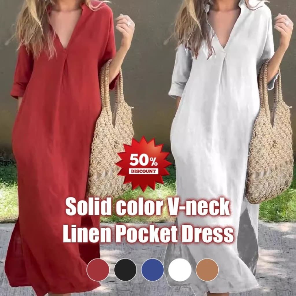 [Estilo Casual Diário] Vestido de Linho de Cor Sólida com Decote em V e Bolsos / Vestido Feminino / Vestido de Verão