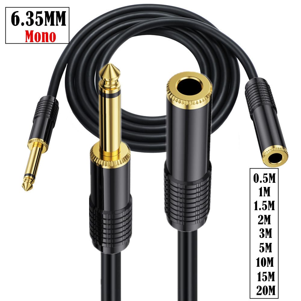 Cabo de áudio Mono macho para fêmea de 6.35 mm | Cabo de extensão de guitarra Mono | Fio longo de 5m-20m | Adequado para