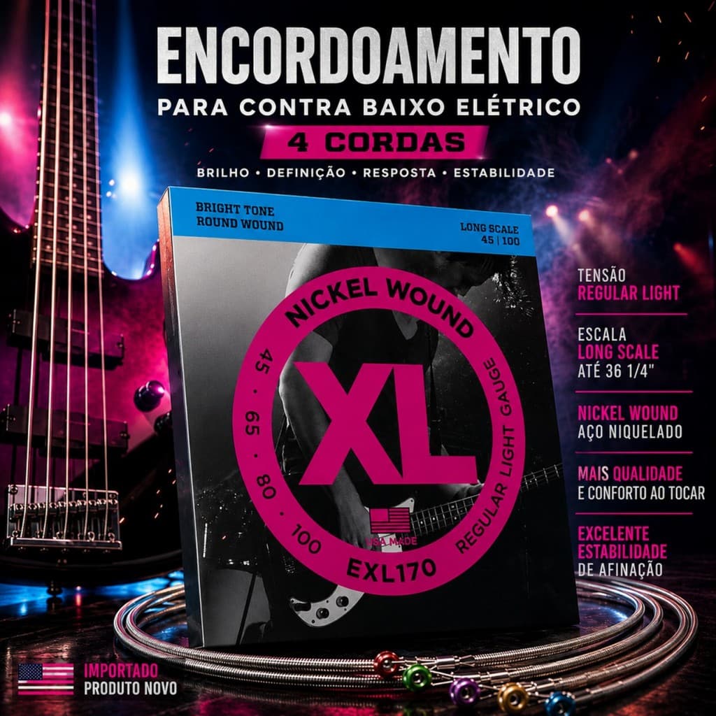 Encordoamento Contra Baixo Elétrico 4 Cordas 045/100 Nickel Wound Long Scale Profissional