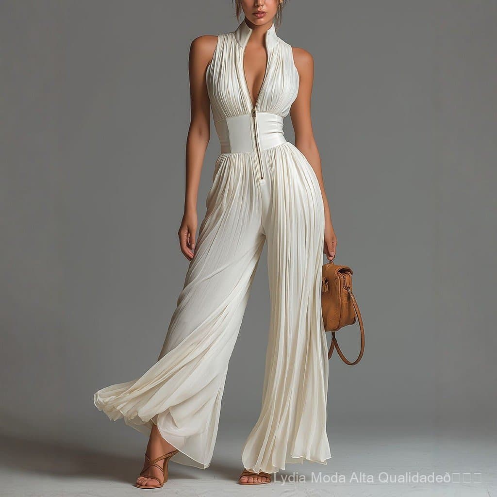 [Liquidação Total] Roupas femininas elegantes de alta qualidade, macacão branco com decote halter e pregas, 26 estilos,