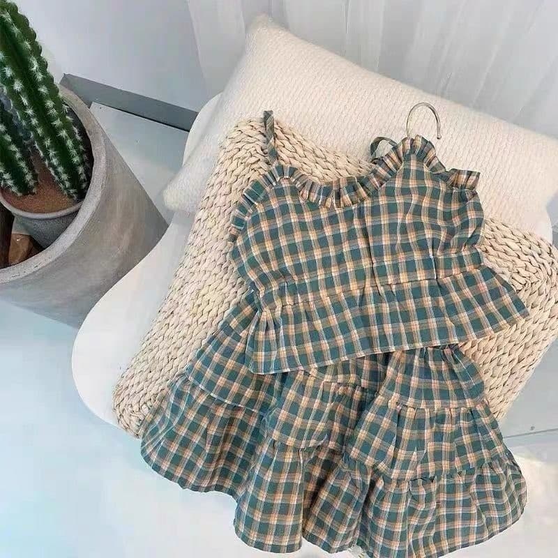 Terno de duas peças com saia xadrez de verão para meninas de 0 a 5 anos