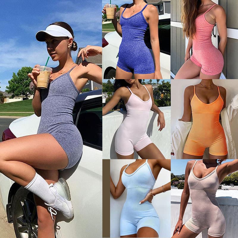 Macacão de malha sem costura para Yoga, com efeito levanta-bumbum, top halter e shorts, para esportes ao ar livre e fitn
