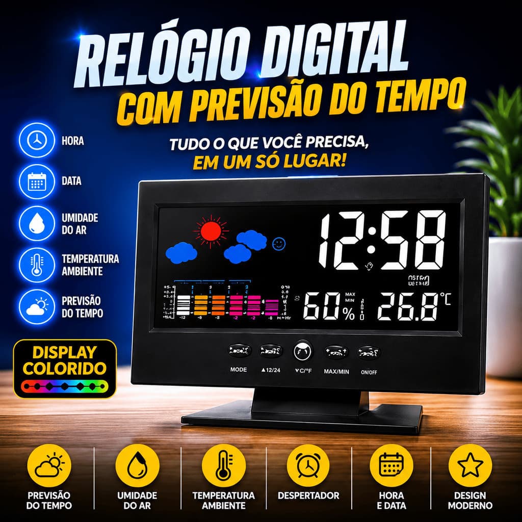 Relógio Digital Meteorológico Previsão Do Tempo Alarme Despertador Tela Colorida Estação Barométrica Calendário Top