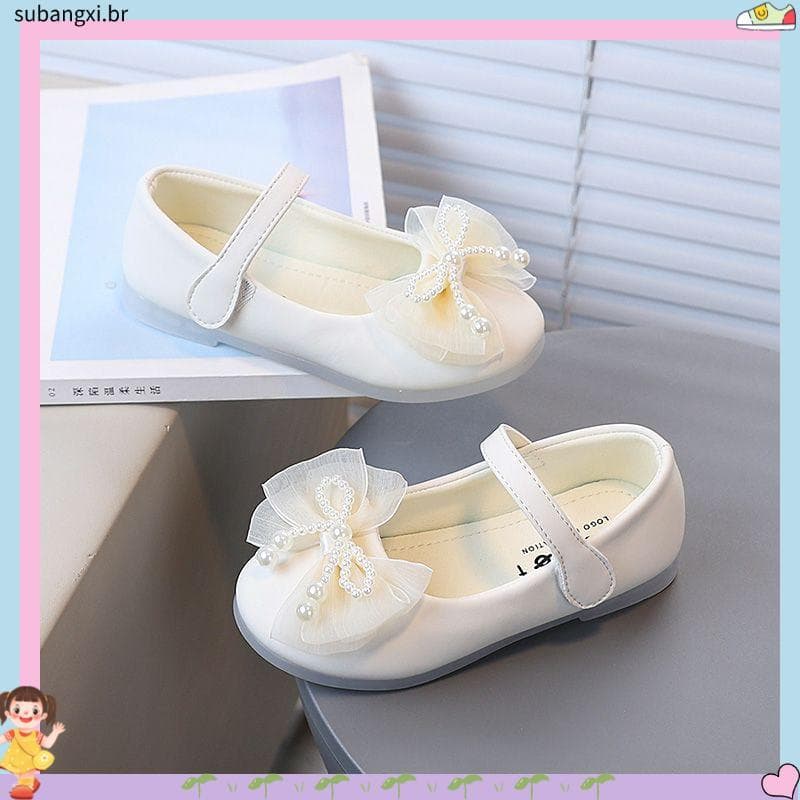 Crianças 2025 primavera outono sapatos novo estilo primavera princesa pérola arco meninas sapatos de couro de sola macia