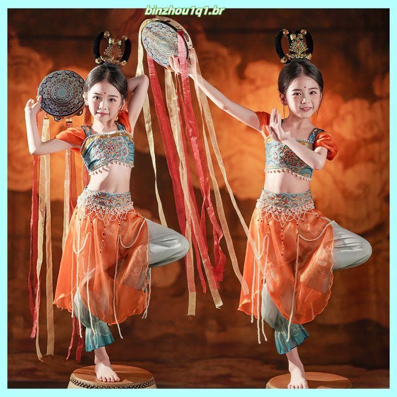 Crianças ocidental Dunhuang Feitianle dança traje Hanfu cintura corrente meninas dança clássica traje exótico