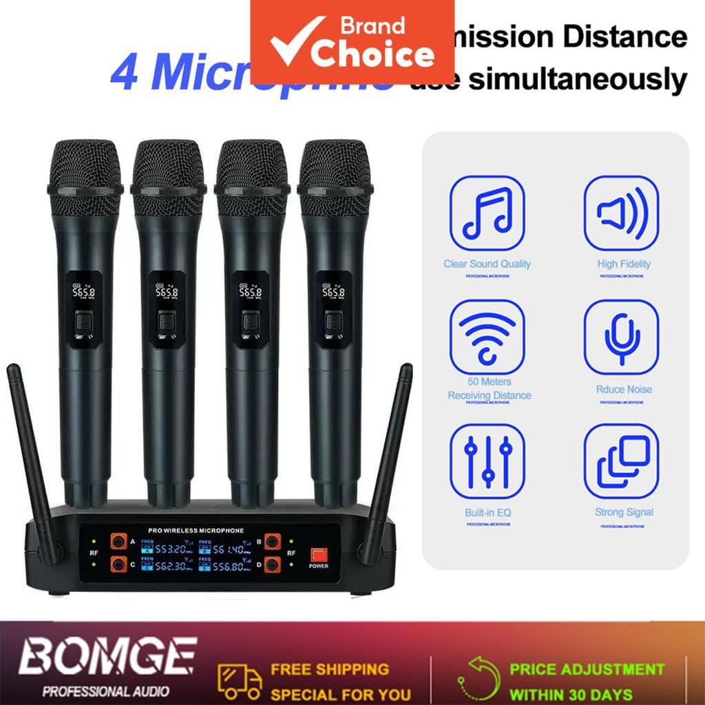 Sistema De Microfone Portátil Sem Fio BOMGE De 4 Canais Com 4 Microfones Para Igreja De Festa De Karaokê