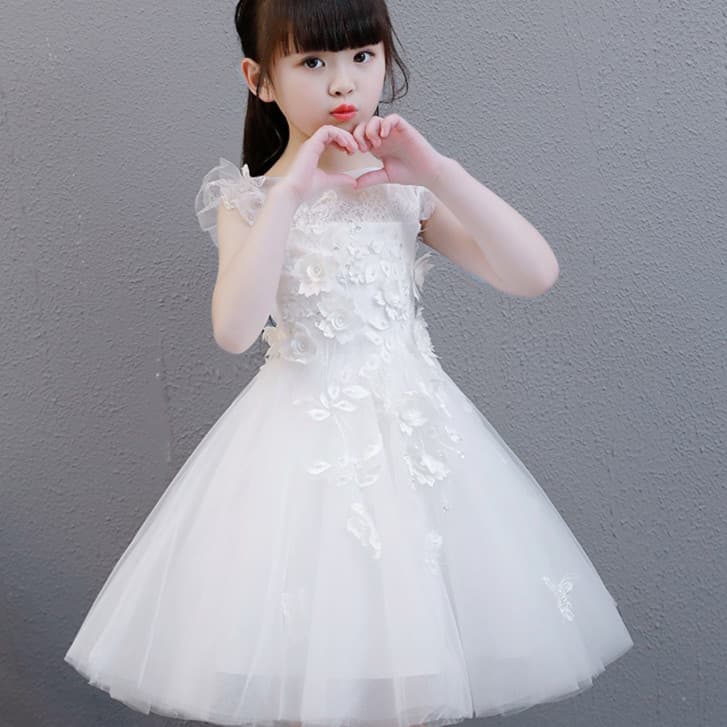 Vestido Branco Para Crianças Menina Comunhão Formal Elegante Princesa Flores Malha Vestidos De Verão Festa De Casamento