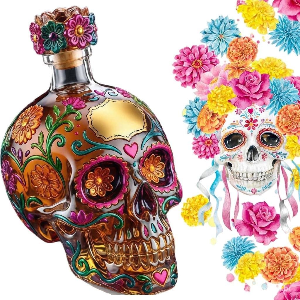 DayDeadTequila, Decantador de Tequila em Forma de Crânio de Vidro – Decantador de Tequila Gótico para Bar, Halloween, Di