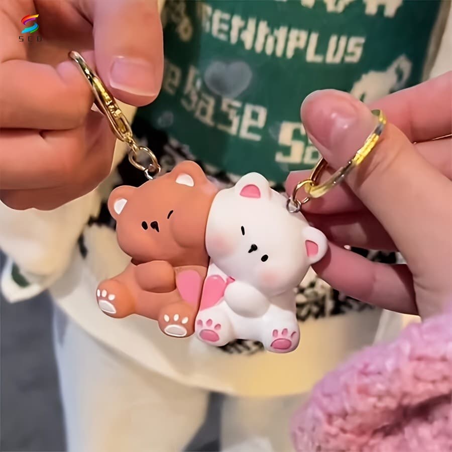 Chaveiro Magnético De Casal Com Coração De Urso Fofo De Desenho Animado-Pingente De Silicone Para Bolsas , Chaves , Pres