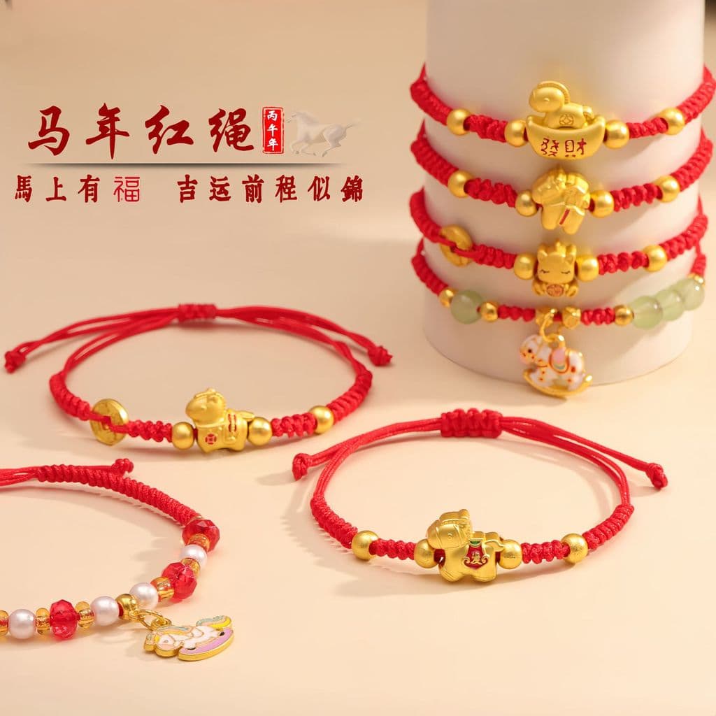 Pulseira do Ano do Cavalo, Corda Vermelha Feita à Mão do Ano do Zodíaco, Joia de Novo Estilo para Boa Sorte RNO1