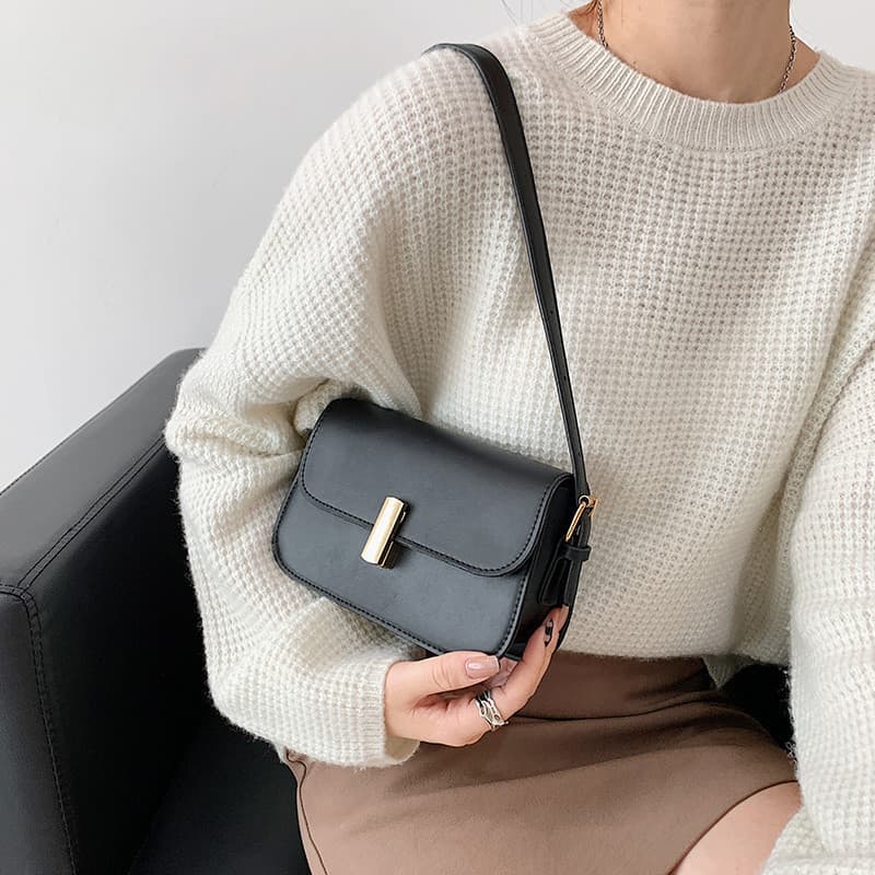 Bolsa De Ombro Feminina Retrô Sela Moda Cor Sólida Com Trava Crossbody