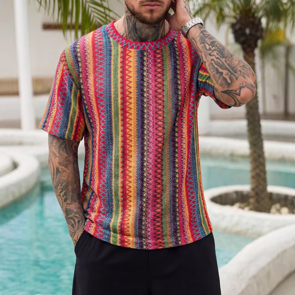 Verão novo estilo All-Match Street Wear camiseta masculina americano Casual férias em torno do pescoço Jacquard roupas m
