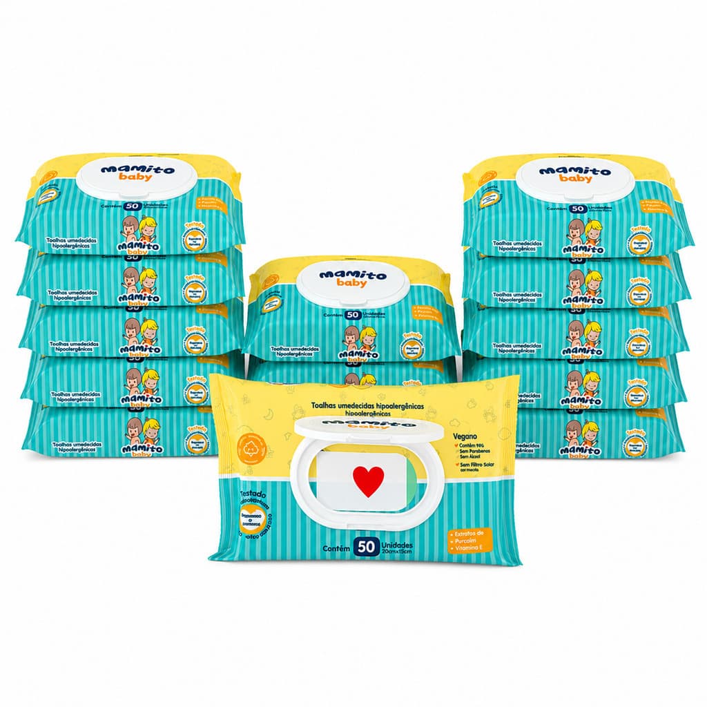 Kit 15 Lenços Umedecido 50 Folhas Com Tampa Flip Top | Hipoalergênica – Mamito Baby Premium