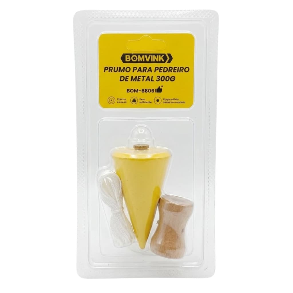 Prumo Para Pedreiro 300g Com Cordão E Cabo De Madeira Bomvink