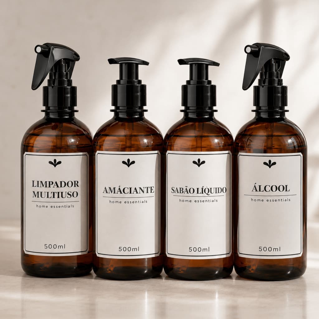 Kit 4 frascos âmbar lavanderia 500ml - Limpador multiuso, amaciante, sabão líquido e álcool