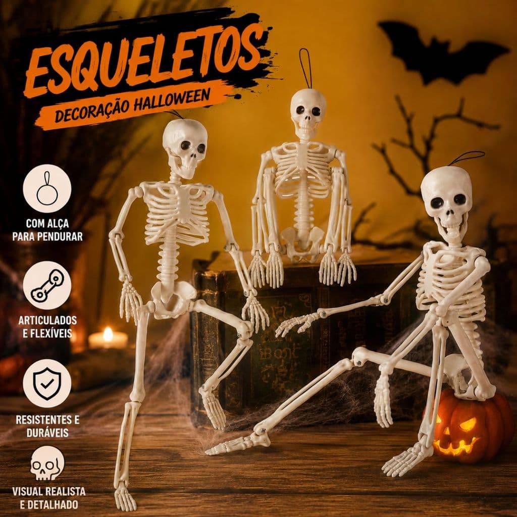 Esqueleto Corpo Humano 40 Cm Caveira Articulada para Festas e Decoração Halloween