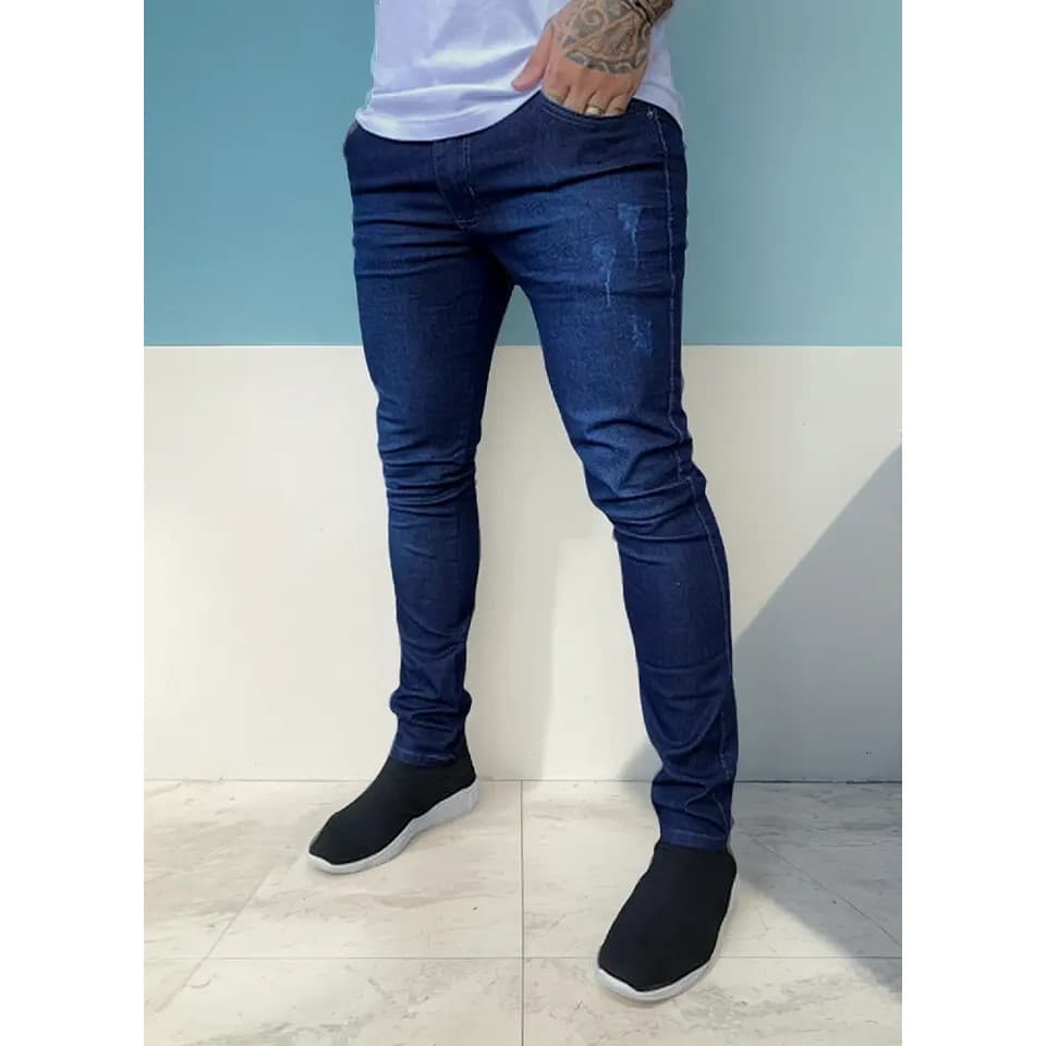 Calça Masculina Jeans Skinny Lavagem Escura Destonada nao colada tradicional