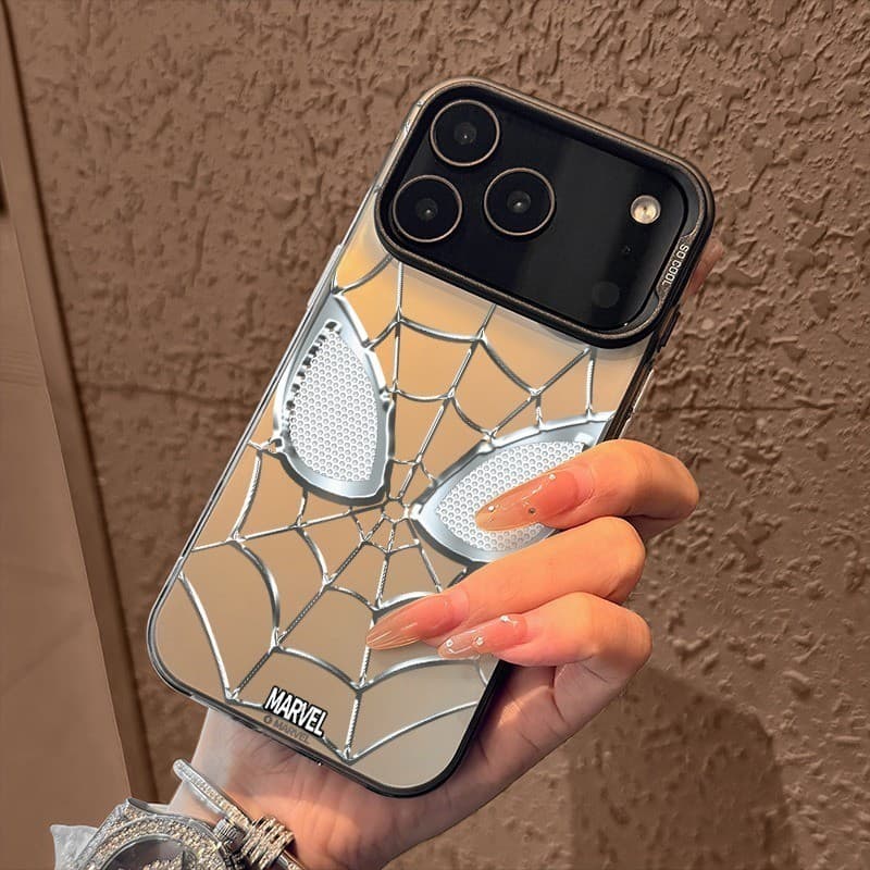 Capinha para iPhone 17/16/15/14/13/12 Pro Max capa protetora espelho marvel estampa homem aranha prata anti queda