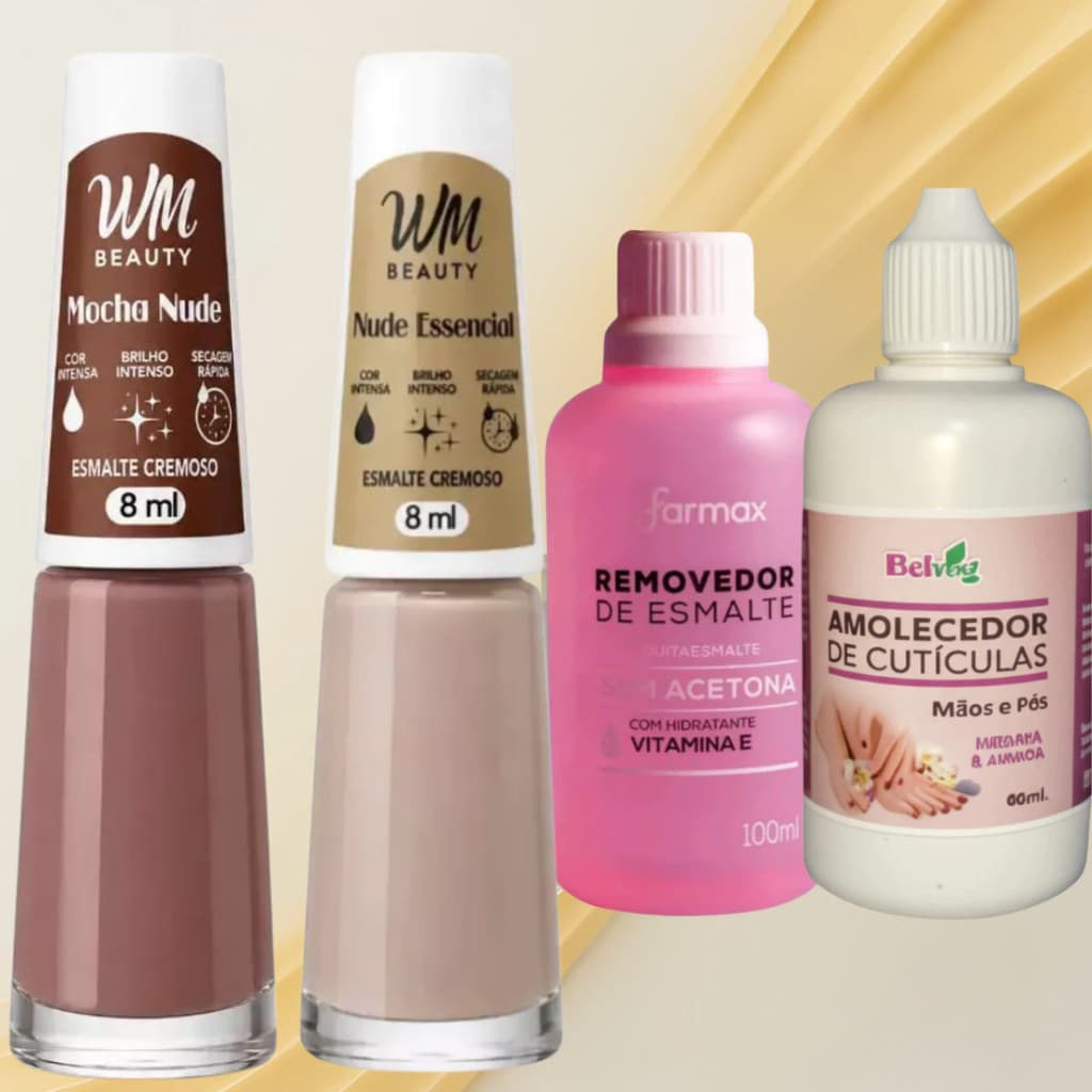 Kit Removedor de Esmaltes Amolecedor de Cutículas e 2 Esmaltes Nude Unhas wm