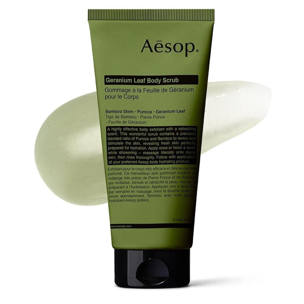 Esfoliante Corporal de Folha de Gerânio Aesop |   Esfoliante Corporal com Bambu e Pedra-Pomes |   Suavizante, Esfoliante