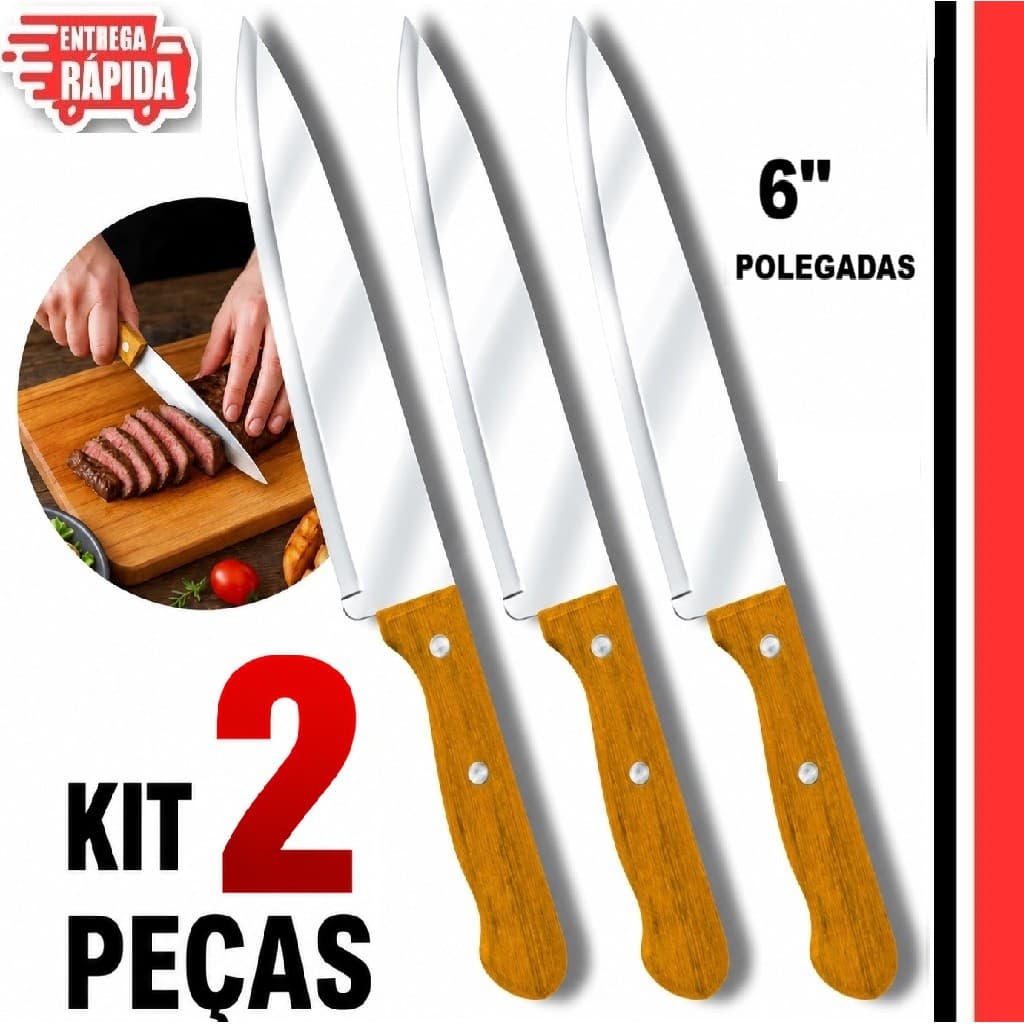 Kit 2 Faca 6" Polegadas do Chef Cabo Madeira 27,8 cm De Cozinha Inox 6 do Chef Cabo Madeira