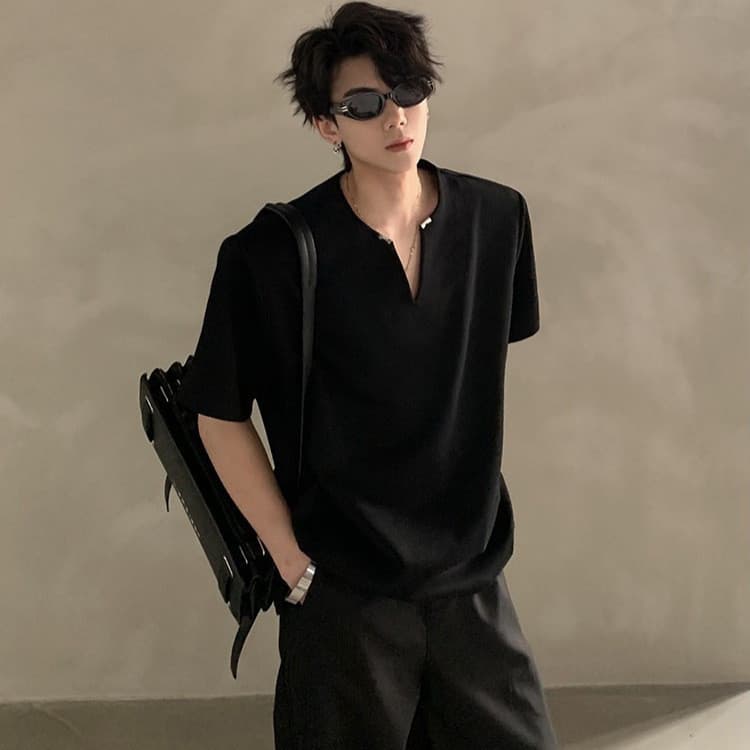 American High Street com decote em V acolchoado ombro manga curta camiseta masculina verão estilo Preppy street Wear Cas