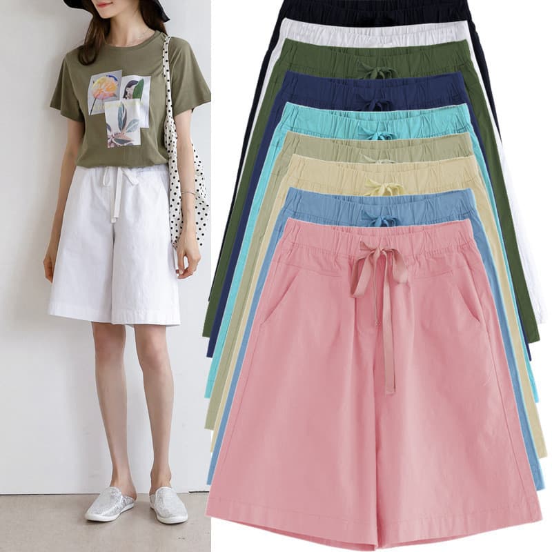 Calças cortadas de algodão femininas Shorts soltos verão fino cintura alta Anti-rugas sarja tamanho grande calças casuai