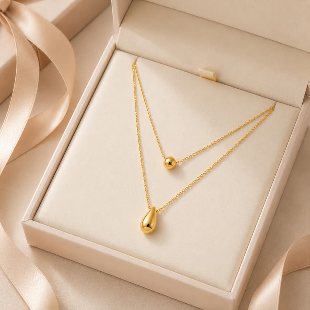Colar Feminino Duplo 2 em 1 com Pingentes Gota e Bola Aço Inoxidável Estilo Minimalista Dourado