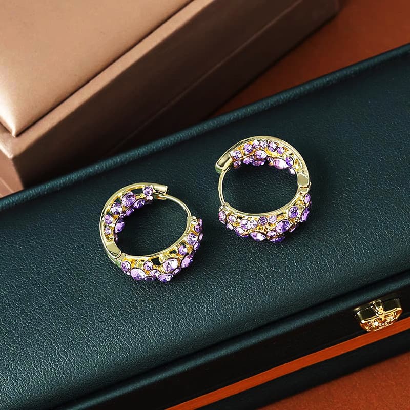 [Em estoque] Brincos femininos de zircônia roxa, estilo ocidental, com fechos de orelha fofos, elegantes e estilosos. 1D
