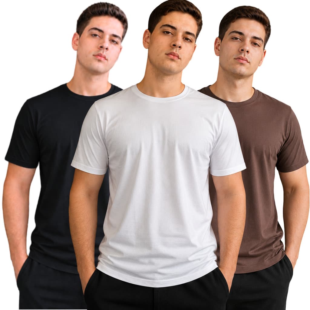 Kit C/ 3 Camiseta Masculina Básica Clássica Algodão Penteado Lisa Manga Curta