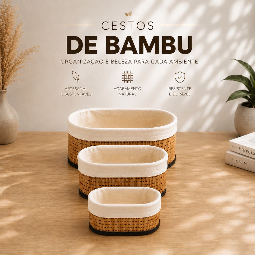 Kit Cestos Organizador Bambu Multiuso com Forro Banheiro Lavanderia Decoração Cosmeticos 3 Tamanhos Pequeno Grande Preto