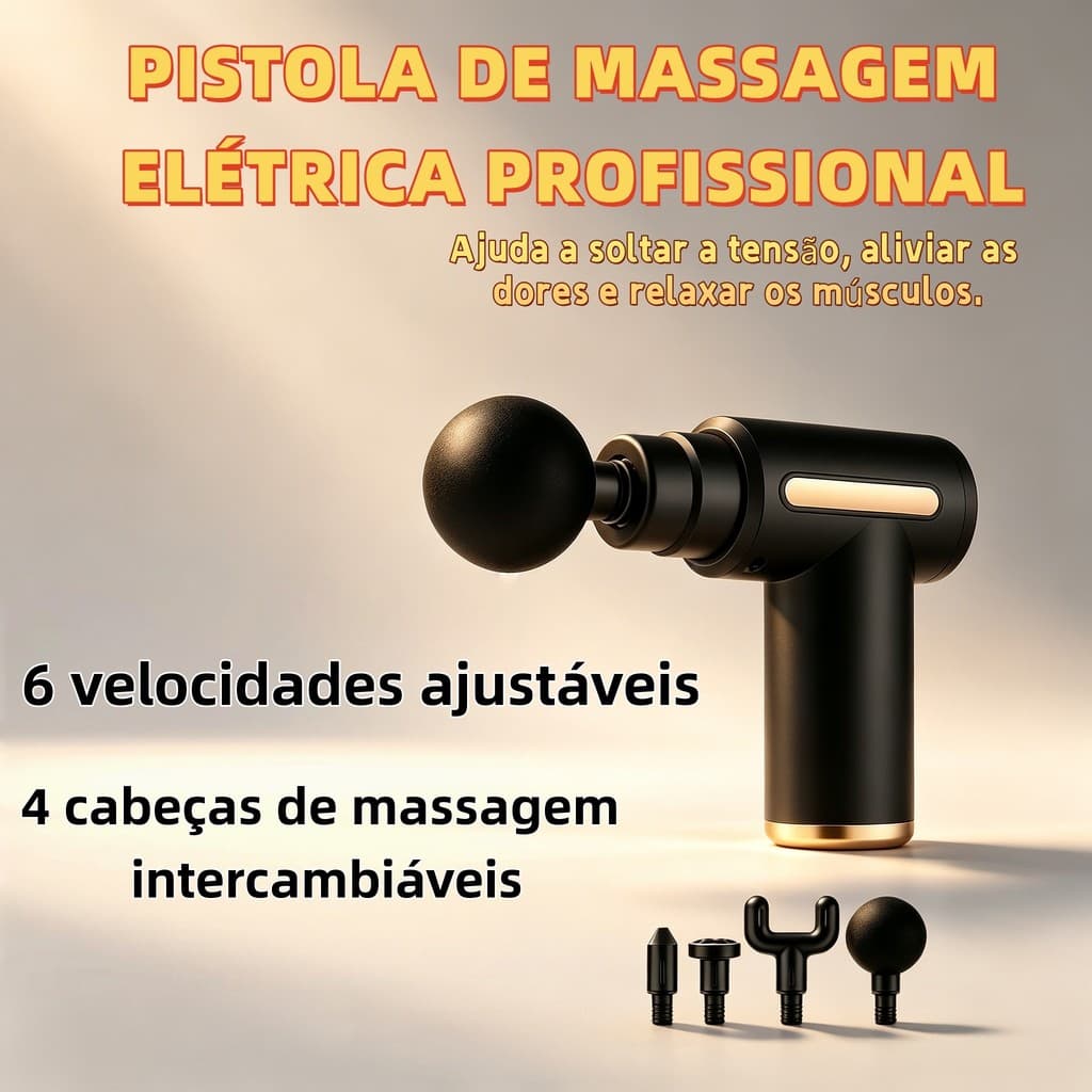 Presente Fitness Pistola Massagem Profissional 6 Velocidades 4 Cabeças |Silenciosa Recarregável Alívio Muscular