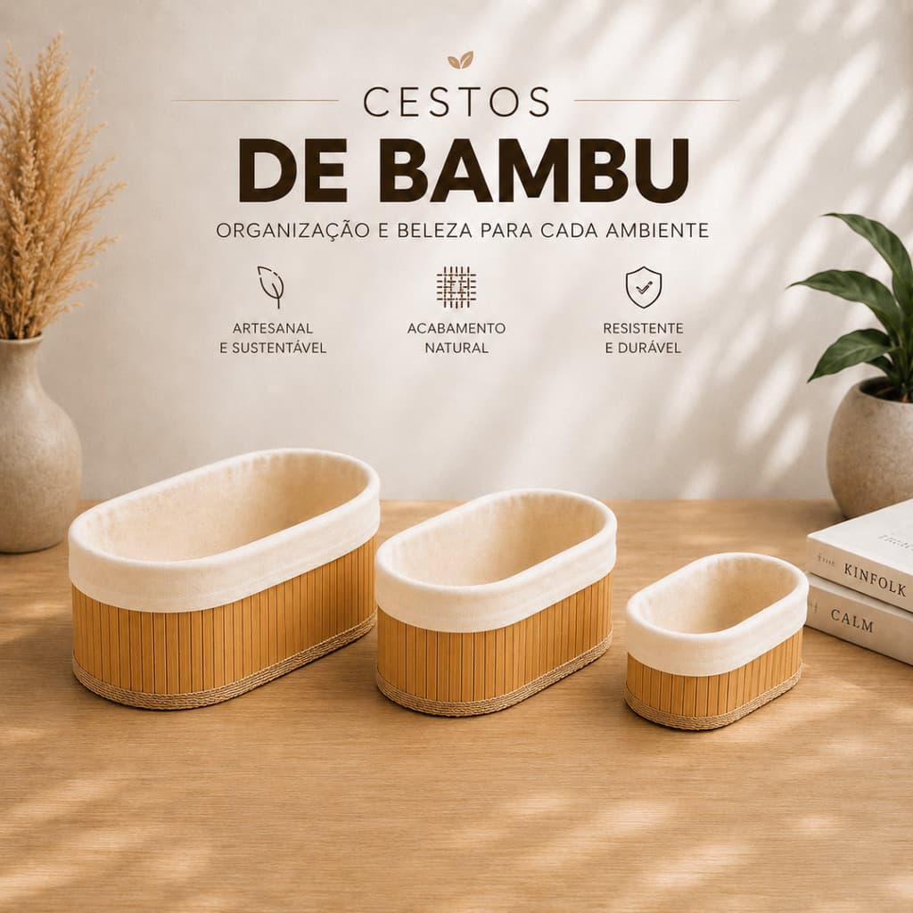 Kit 3 Cestos Organizador de Bambu Multiuso com Forro Banheiro Lavanderia Decoração Cosmeticos Pequeno Médio Grande Bege