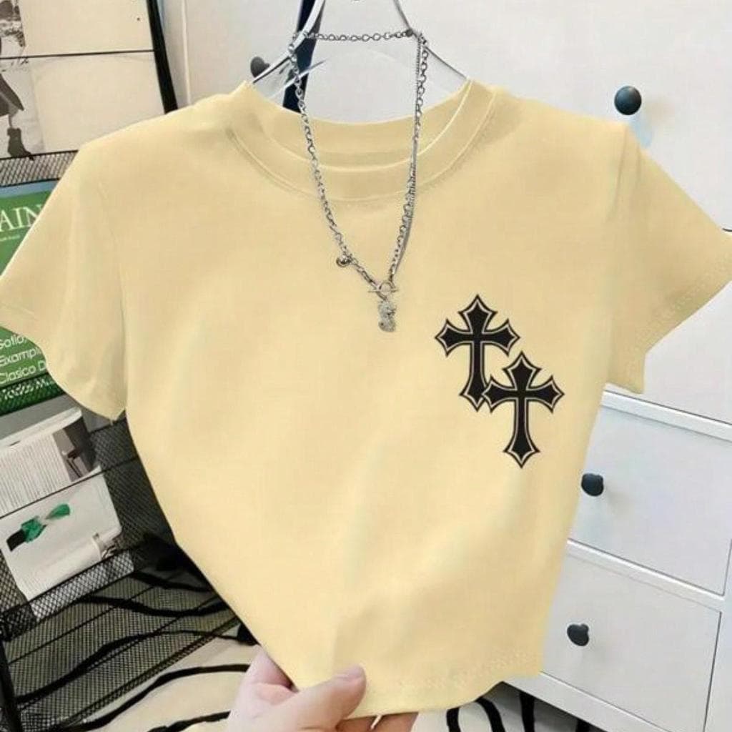 Cropped Feminino Estampado Cruz Casual Manga Curta Blusinha Gola Redonda Lançamento Moda Verão