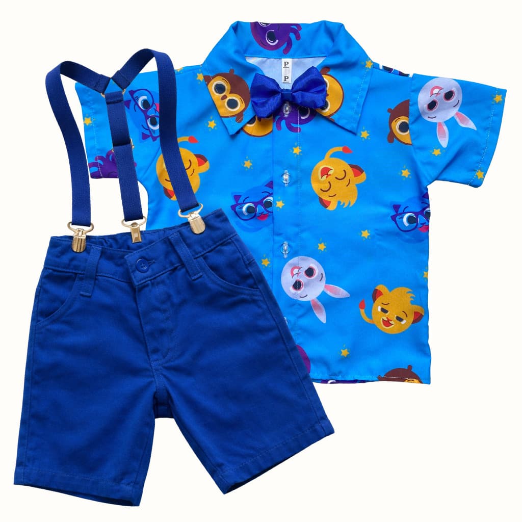 Conjunto Bolofofos Infantil Look Festa, Aniversário e Mesversário Roupa Temática Menino com Suspensório e Gravata