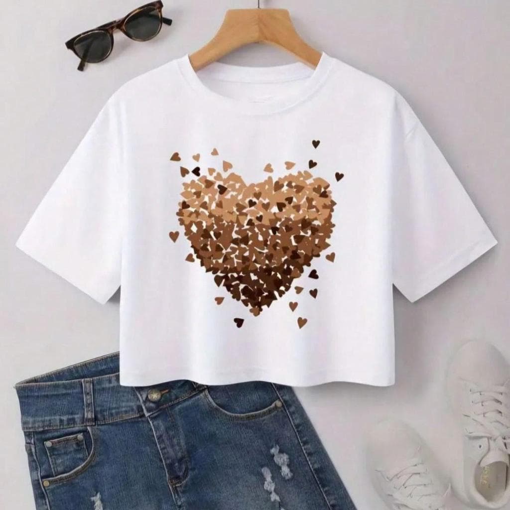 Blusa Cropped De Manga Curta Feminina Estampa De Coração Decote Redondo Casual Moda Verão Camiseta