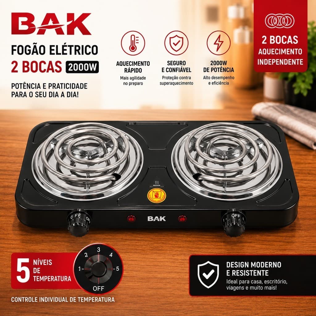 Fogareiro Elétrico 127V 2000W Com 2 Bocas de Aquecimento Não Precisa de Gás Portátil