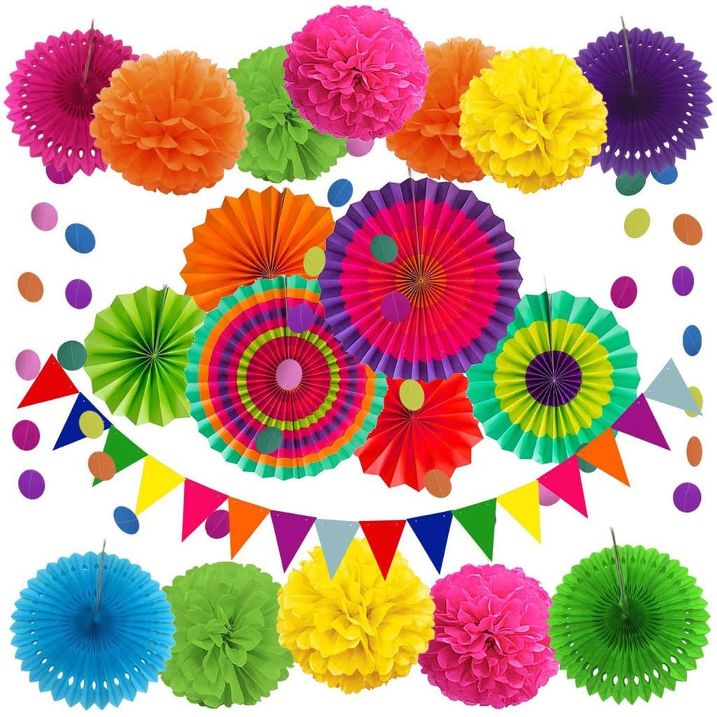 20 Peças De Leques De Papel Pendurados Com Tema Mexicano Colorido , Pom-poms Arco-Íris , Serpentinas De Seda Fiesta Bunt