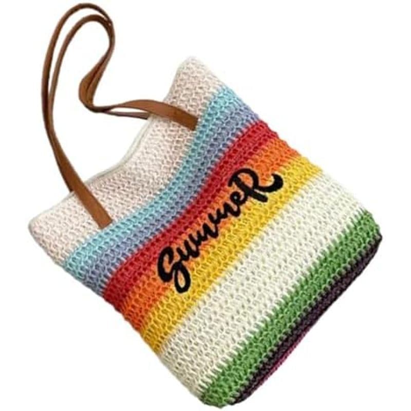 Arco-Íris Tecido Bordado Praia Saco Colorido Palha Design Bolsa De Ombro Férias Para Mulheres Elegantes