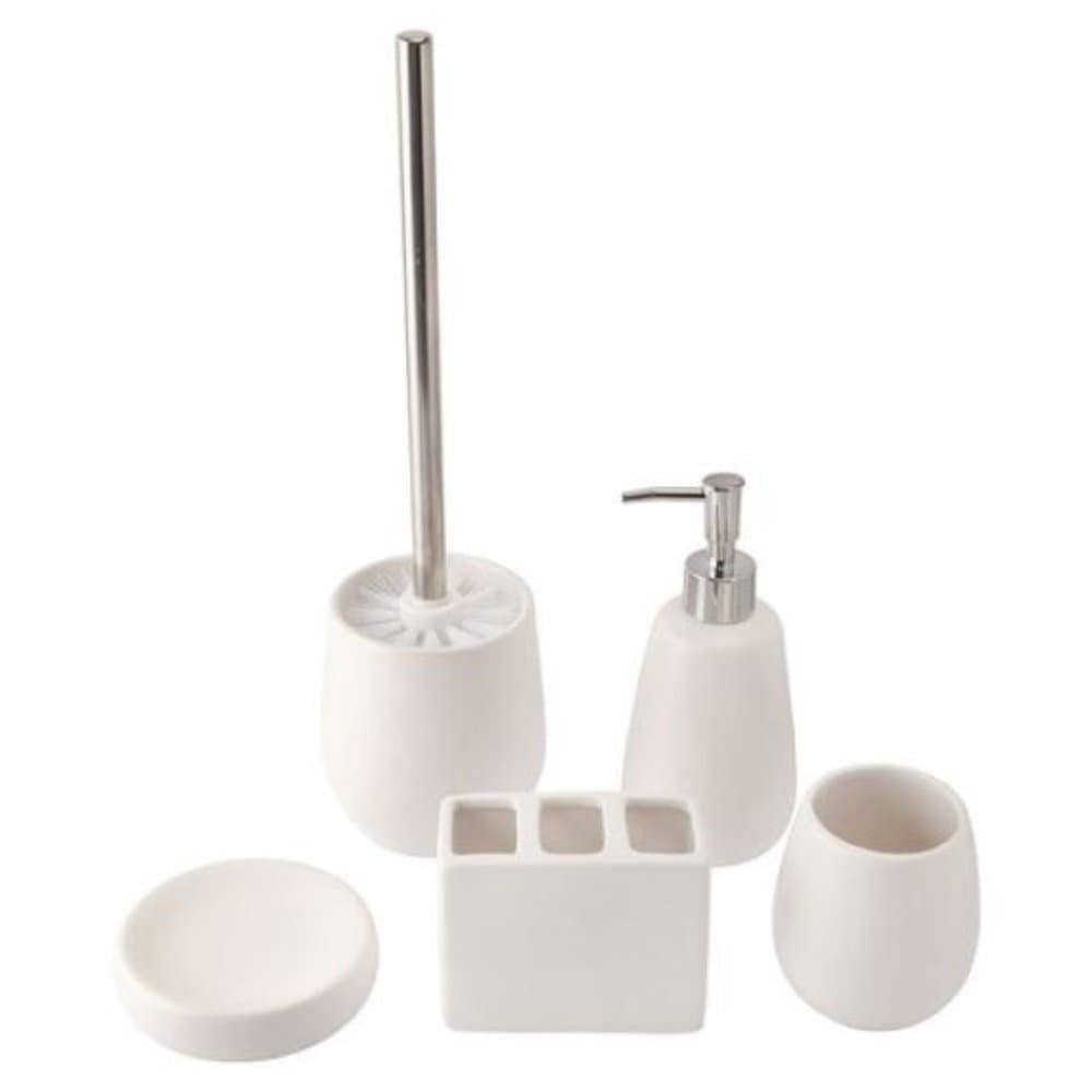 Conjunto para Banheiro 5 Peças em Cerâmica Branco Clink Porta Sabonete Escova Copo e Escova Sanitária