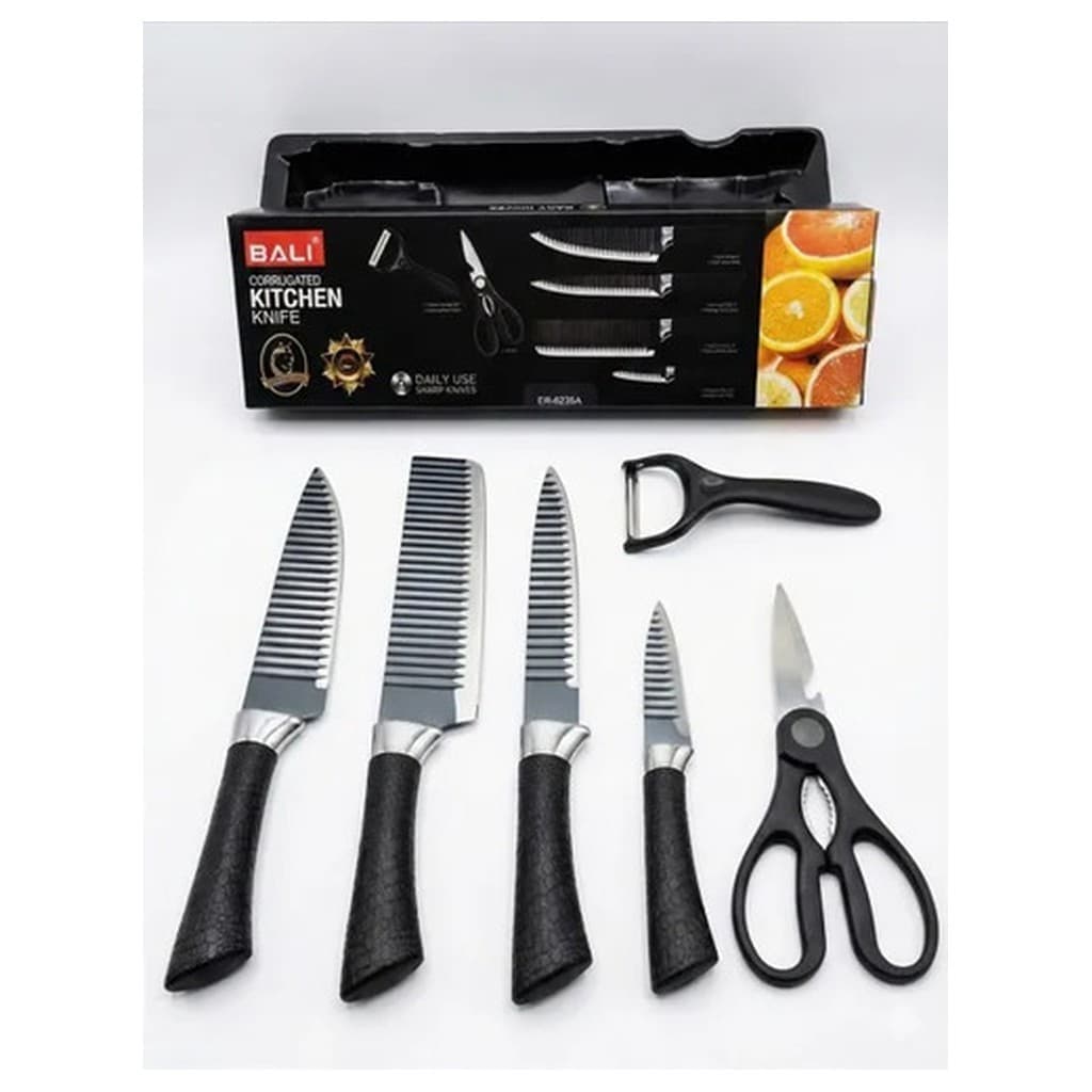 Kit Facas Chef Aço Inox Preto 6 Peças Conjunto Completo Faca Cutelo Descascador Tesoura