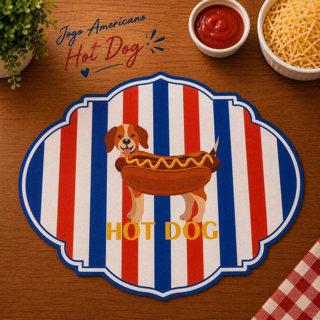 Jogo Americano Hot Dog Estampado Pet Cachorro | Lugar Americano Impermeável em Poliéster | Kit 2, 4 ou 6 Unidades