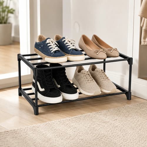 Sapateira Organizadora Preta 2 Andares para 4 Pares Compacta em Ferro e Plástico PP para Quarto Closet Lavanderia