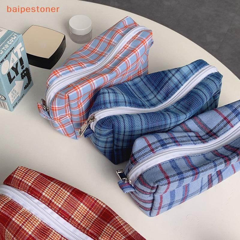 [baipestoner] Doce Bonito Cor Retro Xadrez Sacos De Cosméticos Lápis Caso Grande Capacidade Portátil Feminino Armazename