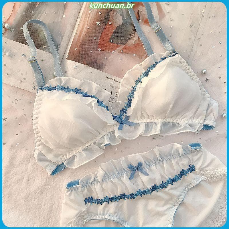 Doce Bowknot babados roupa interior feminina terno seios pequenos não vazio copo sem anel de aço confortável respirável