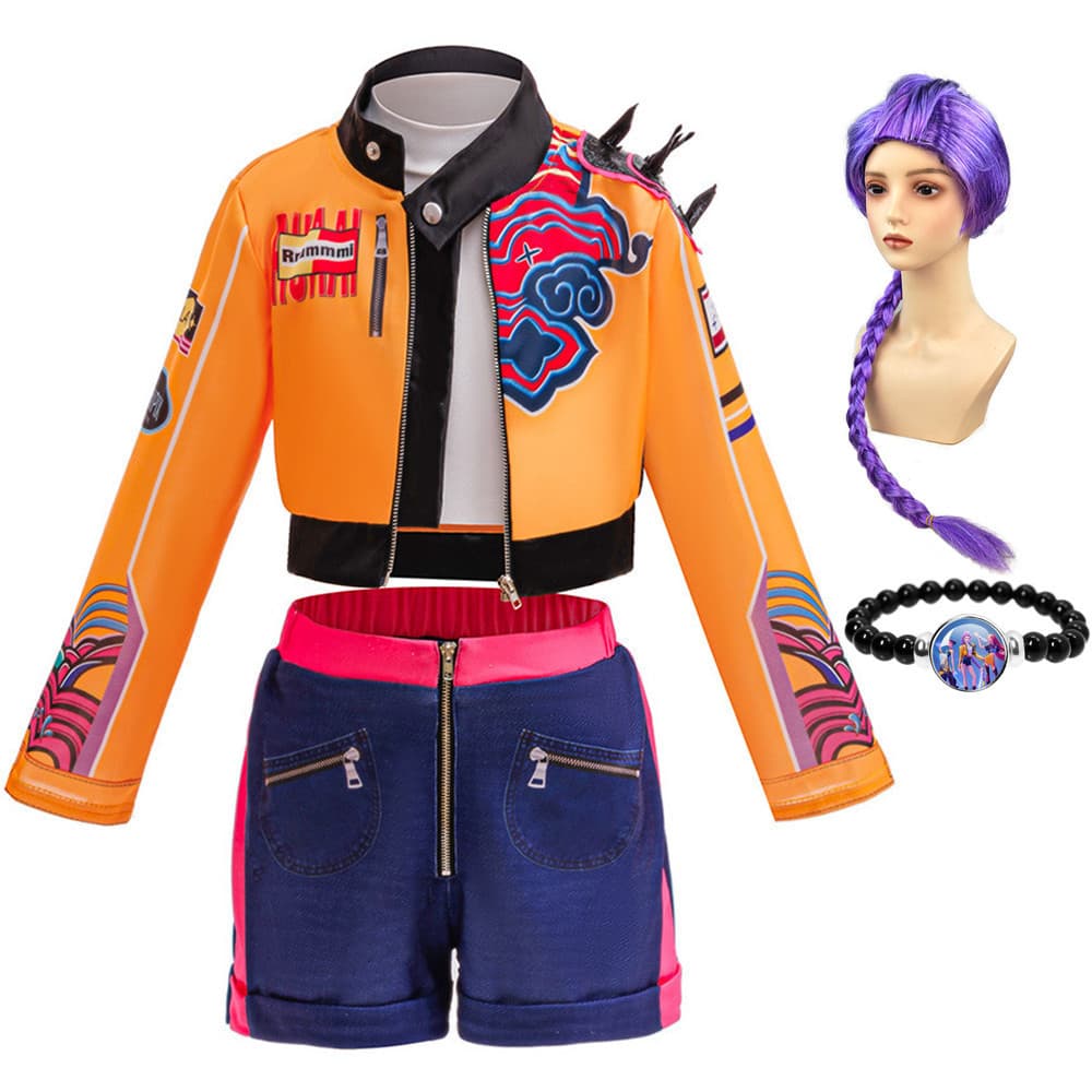 Fantasia de Cosplay Demon Rumi Hunters para Meninas Cantoras Pop, Traje de Festa de Halloween e Carnaval, 3 Peças, Colet