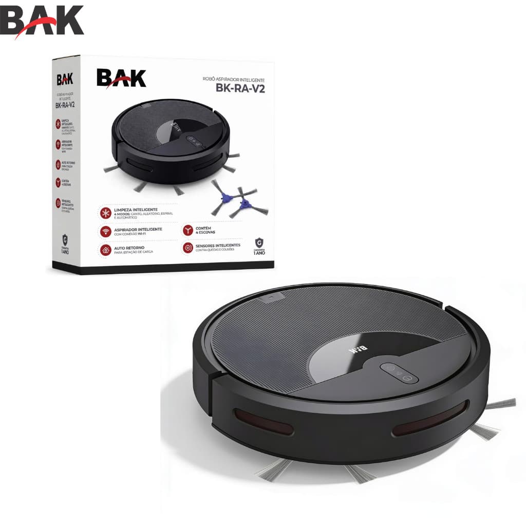 Robô Aspirador de Pó Inteligente BAK BK-RAV2 Premium WiFi Sensor Antiqueda Bivolt Passa Pano 3 em 1